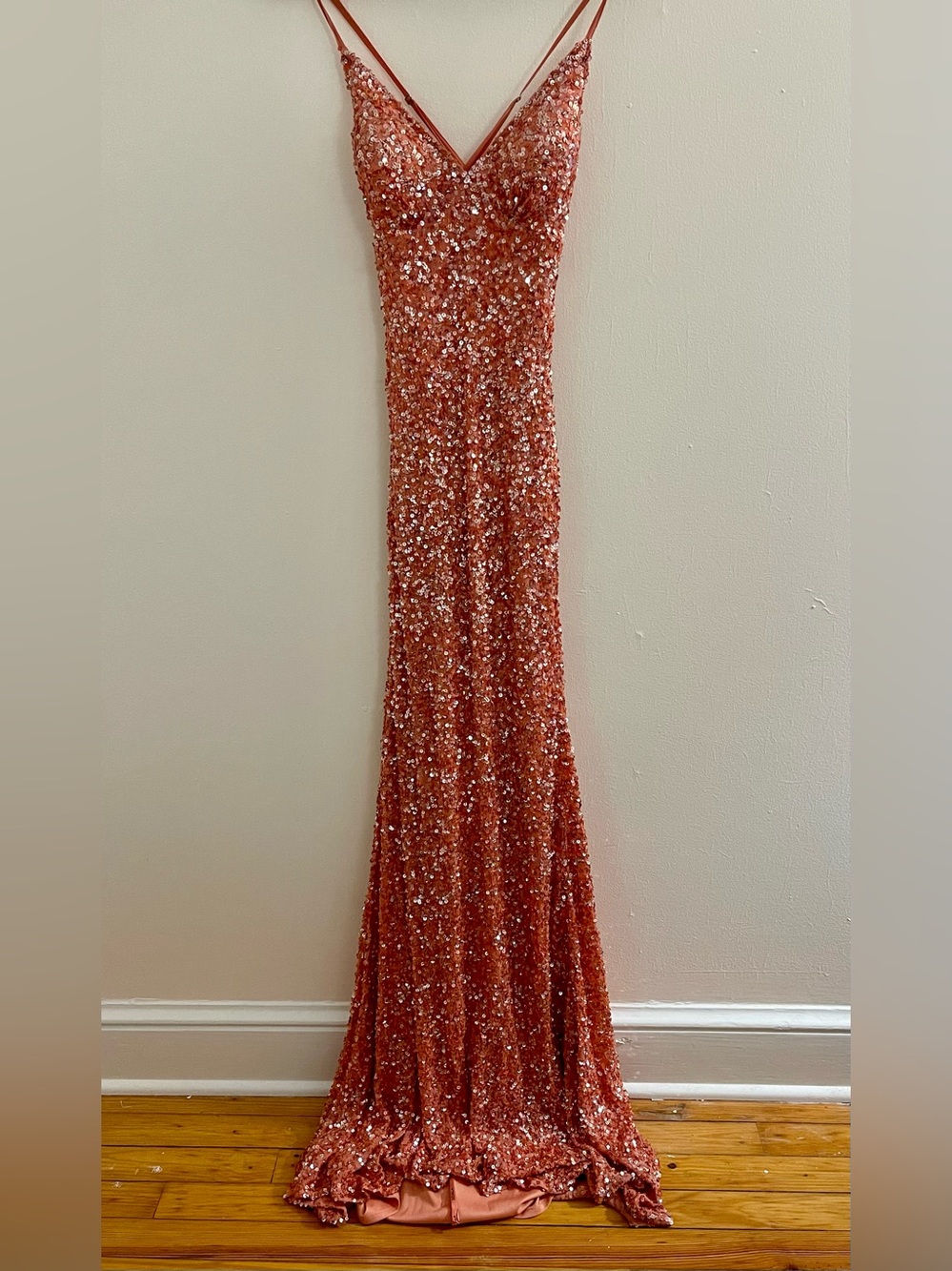 SCALA Size 14 Coral Sequin Beaded Silk Formal Gown Open Back
